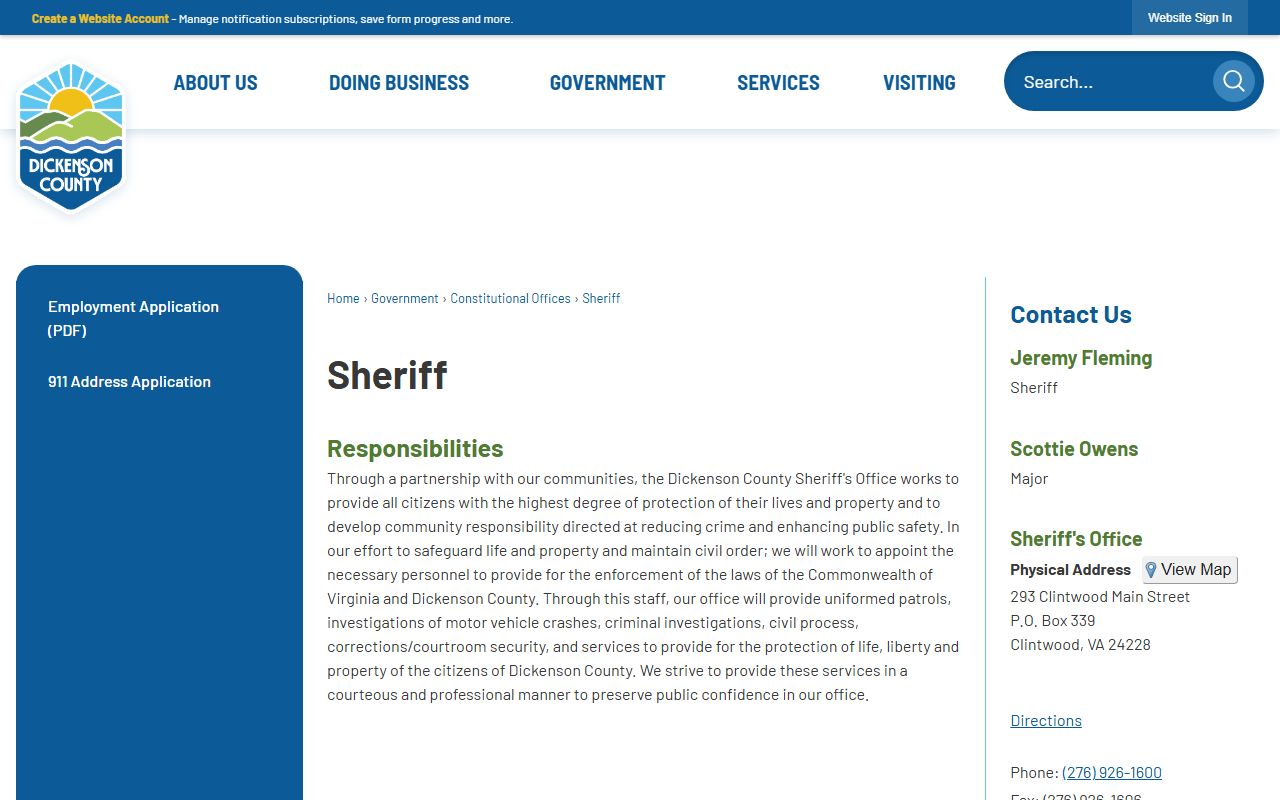 Dickenson County inmate records sheriff office contact and responsibilities page